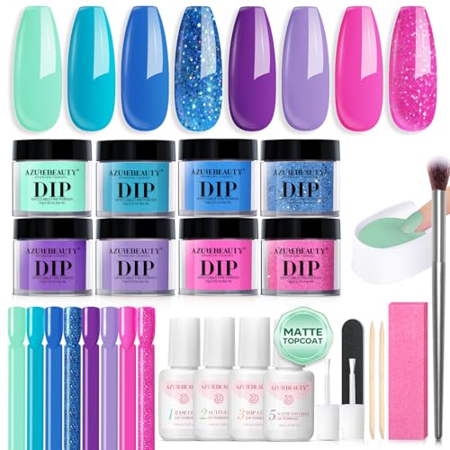 AZUREBEAUTY Dip Nail Powder Starter Kit with Matte Coat, 8 Colors...
