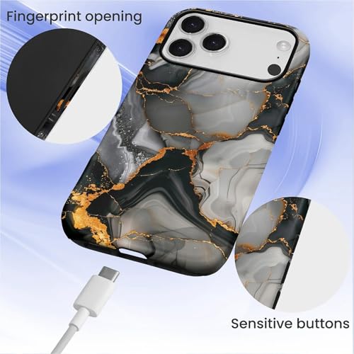 Coque rigide iPhone 17 Pro hybride finition marbre veines fluides or et noir
