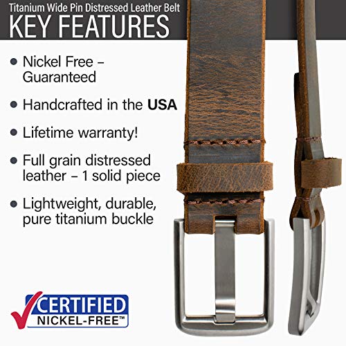 Nickel Smart Titanium Wide Pin Brown Distressed Leather Belt (36") #TOP1