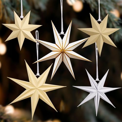EASY JOY Gold-weiße 3D-Papierstern-Ornamente Set – 5 Stück...