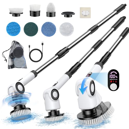 MODOFO Electric Spin Scrubber,Cordless Spin Scrubber with Adjustable Extension Handle & Multifunction Brush Heads,IPX7 Waterproof Electric Cleaning Brush with LCD Display for Bathroom, Kitchen,Floor