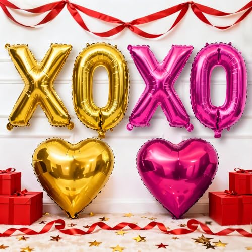Image of XOXO Heart Balloons 6 Pcs Valentines Day Balloons Hot Pink Gold Heart Shaped Balloon XOXO Foil Balloon Letters for Girls Women Anniversary Sweet Valentine Day Romantic Decor Special Night Party