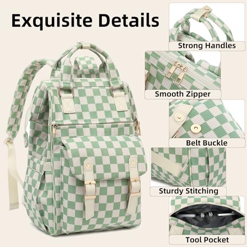 Image of Corduroy Laptop Backpack for Women 15.6 Inch Stylish College School Bookbag, Business Work & Travel Computer Backpacks (Checkered Green)