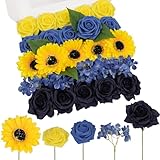 TINGE TIME Sunflower&Royal Blue Rose Flowers, 28pcs Artificial Flower for Decoration Fake Rose with Stem for DIY Wedding Bouquets, Centerpieces, Bridal Shower, Party, Flower Arrangements Decorations