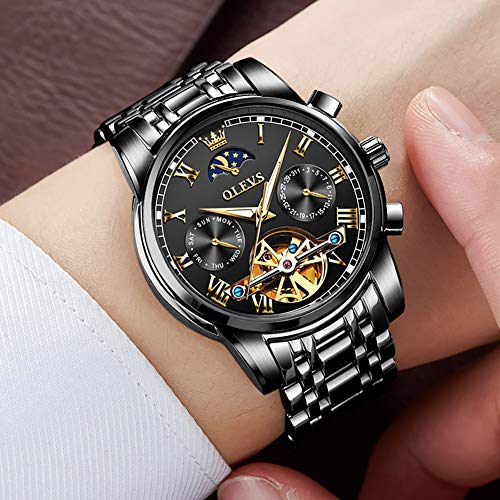 Image of OLEVS Skeleton Watch for Men Stainless Steel Chronograph Watch for Men Classic Waterproof Mens Watches with Date Luxury Business Men's Analog Wrist Watches, relojes para Hombres Blue /Black /Gold /White