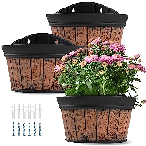 Large Wall Planter Set Of 3 Pack 12 Inchs,Resin Plant Flower Pots Imitation Whiskey Barrel Design.rustic Farmhouse Decor Wall Mounted Planters Use For Indoor & Outdoo,Garden,Railing,Fence.(Brown) #TOP26