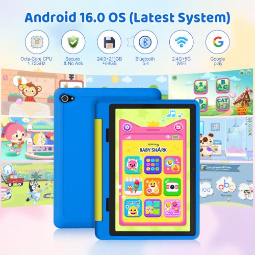Image of Kids Tablet, Android 16 Tablet for Kids 10 inch with Case, 24GB RAM 64GB ROM | 1TB Expandable, 6000mAh Battery, Parental Control, Dual Camera WiFi 6, Toddler Tablet for Learning Gaming