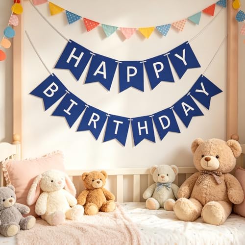 Image of Fecedy Navy Blue Happy Birthday Bunting Banner Pre-Strung No DIY for Birthday Party Decorations