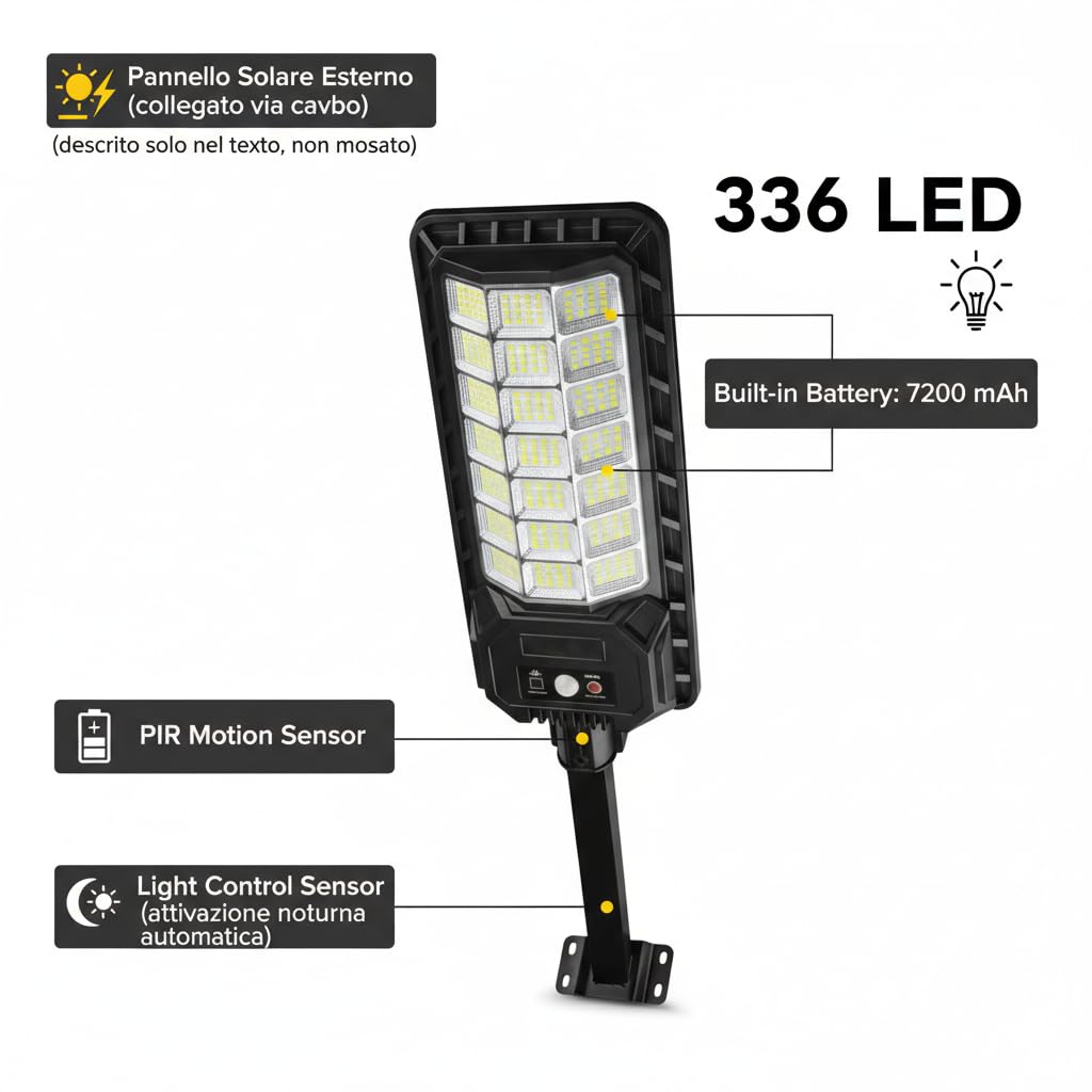 Lampione Solare 2000W 336 LED da Esterno con Sensore Movimento e Crepuscolare, IP65 Impermeabile, Pannello Monocristallino, Batteria Litio 12h, Luce Solare per Giardino, Cortile, Strada