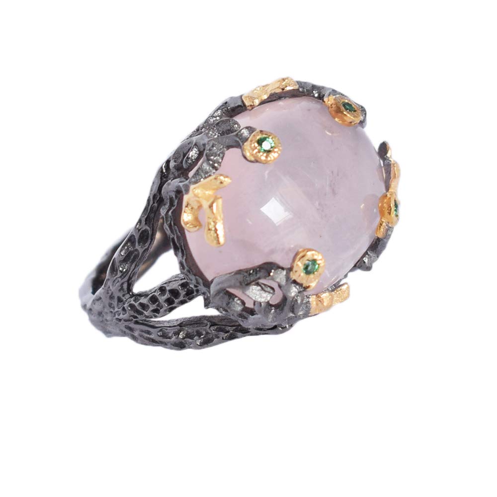 Ravishing ImpressionsNatural Rose Quartz,Chrome Diopsite Gemstone 925 Sterling Silver Black Rhodium Gold Plated Designer, Statement Ring SZ-L 1/2 FSJ-4724-A, Gemstone, Rose Quartz,Chrome Diopsite