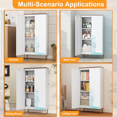Image of 47 inch Metal Pantry Cabinet,White Kitchen Pantry Cabinets with Doors | Small Freestanding Storage Cabinet with Adjustable Shelves,Modern Cabinet for Living Room, Kitchen,Dining,Tree Pattern