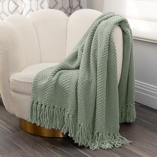 Nicole Miller Chloe Textured Soft Knit Throw Blanket with Tassels – for Home, Couch, Bed, Living Room - 50' x 60” (Sage)