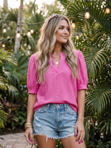 Image of Dokotoo Womens Blouses V Neck Puff Short Sleeve Business Casual Tops