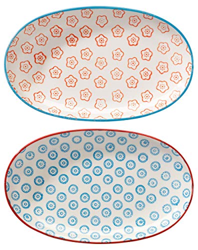 BLOOMINGVILLE Plato para Servir Emma - Oval de Colores L 21,5 x W 13 cm, Naranja Azul, Cerámica, Juego de 2