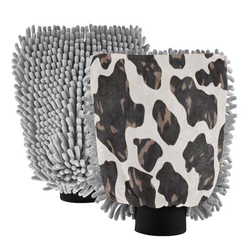 Flradish 2 Pack Cowhide Pattern Car Wash Mitt Chenille Microfiber Lint-Free Scratch Free Ultra-Soft Absorbent Car Wash Mitt 10.2x7.09 Inch