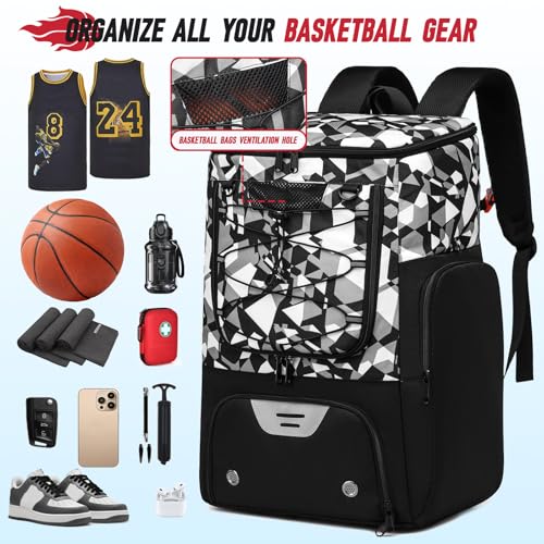 aocrin Basketball Backpack, Basketball Bag with Separate Ball Holder & Shoes Compartment Water Resistant Sports Bag Basketball Equipment Bags Fit Volleyball, Soccer, Swim, Gym, Travel, Black, White - Thumbnail 3