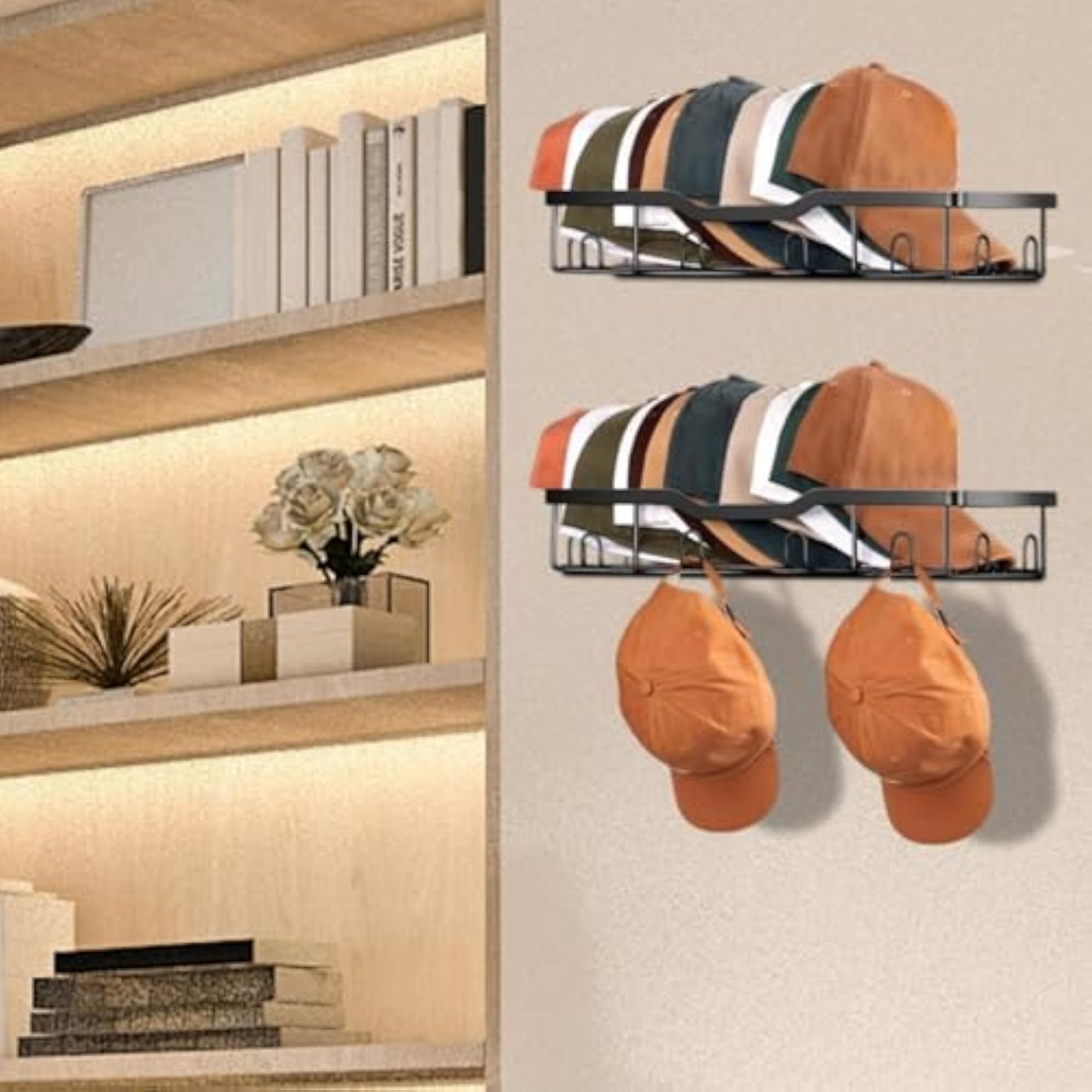 2X Wall Mounted Hat Racks for Baseball Caps, Black