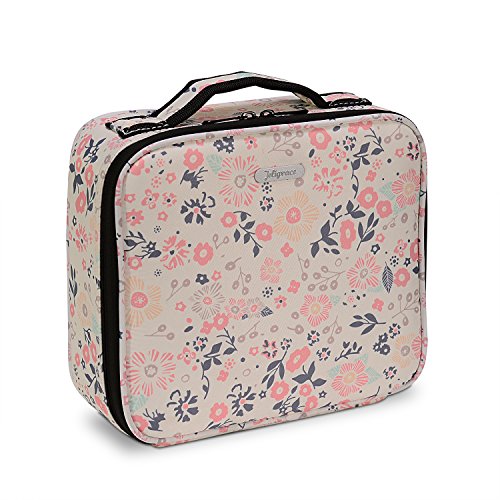 JOLIGRACE Portable Makeup Train Case Travel Size Cosmetic Bag Organizer with Brush Holder Pockets and Removable Dividers for Makeup Artist (White Floral)
