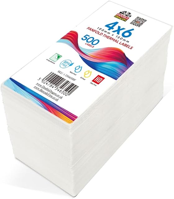 1 Stack, 500 Premium Coated Direct Thermal Labels, Fanfold, 100mm x 150mm (4 x 6), Self-Adhesive, for Zebra, MUNBYN, Rollo, TSC, Toshiba, Citizen, Direct Thermal Labe Printer, LP2844, GK420D, ZP450