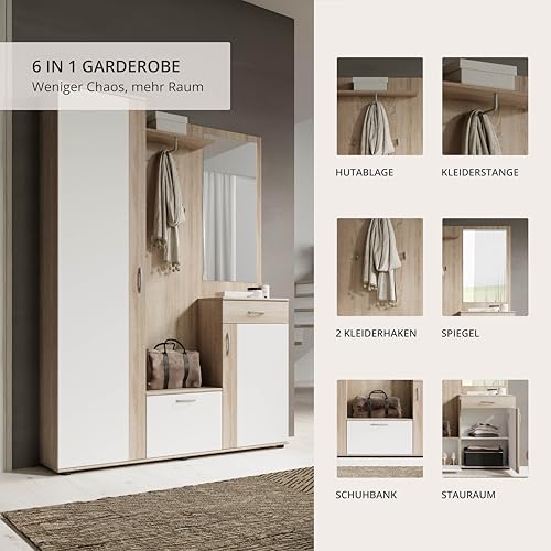 Stella Trading PATENT Flurgarderoben Set in Sonoma Eiche Optik, Weiß - Stylishe Kompaktgarderobe mit Spiegel für Ihren Eingangsbereich - 145 x 184 x 29 cm (B/H/T), Braun