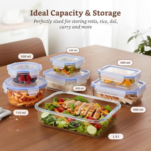 Image of Amazon Brand - Solimo Glass Food Storage Container Set, Pack of 7, Airtight & Leakproof, Microwave & Freezer Safe, Transparent