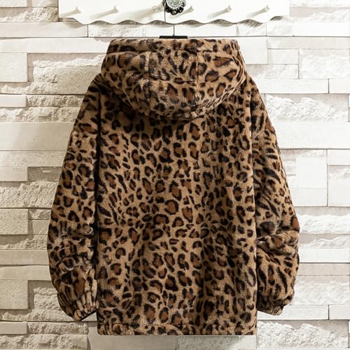 Men's Leopard Print Hooded Jacket Zip Up Fuzzy Fleece Vintage Warm Overcoat with Pockets2