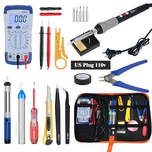 Soldadoras Y Accesorios, Tools JYYBN 90W Cautín para Soldar Kit, 40% Mejora Eficiencia, Temperatura Ajustable de 100 a 480 °C, Multímetro Digital 5 Puntas de Soldadura, Herramienta de...