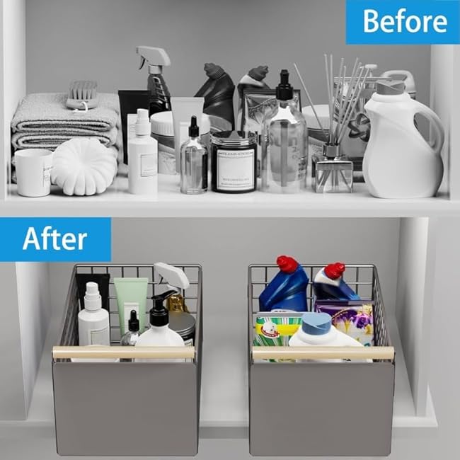 Wire Storage Basket For Kitchen Pantry and Counter, Pull Out Cabinet Sliding Basket, Under Sink Mesh Drawer Organizer with Handle, Stackable Wire Organizing Bin for Produce (white)