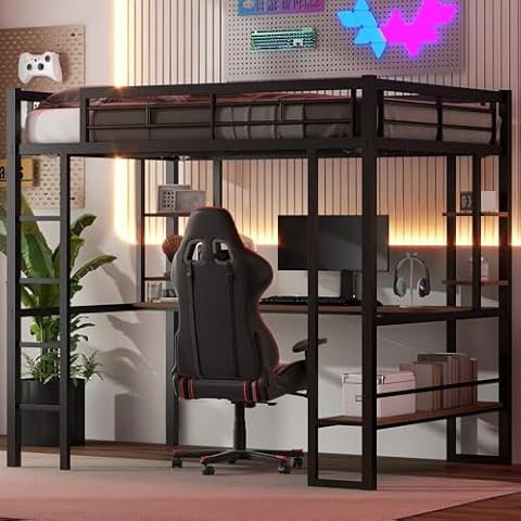 SOFTSEA Full Loft Bed with Desk and Storage Shelves High Metal Loft Bunk Bed with Ladder, No Box Spring Needed Cover