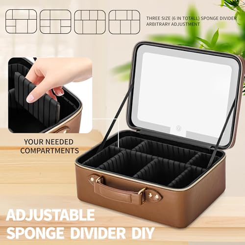 LED Travel Makeup Bag with Lighted Mirror, Portable Cosmetic Organizer Case with Adjustable Dividers & Brush Holder, Large Capacity Makeup Storage for Travel & Professional Use (Brown) - Image 5