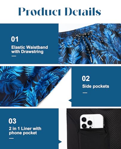 Image of Gleeease 7inch Mens Swim Trunks 2 in 1 with Compression Liner Pockets Drawstring Quick Dry Stretch Lined Funny Beach Pool