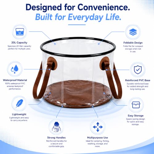 Image of Multipurpose Foldable Water Bucket 20L | Premium Transparent PVC Bucket | Portable Leakproof Water Carrier for Camping, Gardening & Car Wash(20 Liter Tansparent)