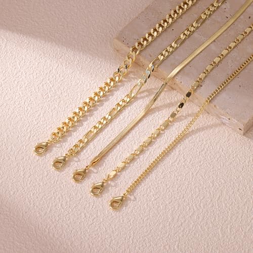 Image of Plus Size Gold Ankle Bracelets for Women Big Ankles, Adjustable Ankle 14K Real Gold Plated Cuban Link Chain Figaro Snake Herringbone Extra Large Anklet Bracelets,Summer Beach Foot Jewelry 10-12inch