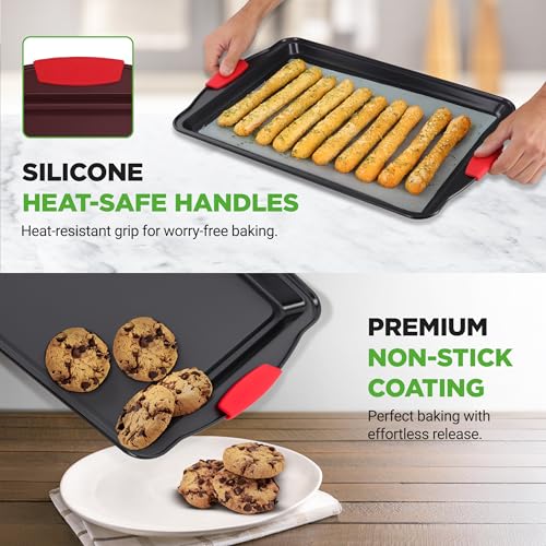 Image of NutriChef 3-Piece Large Nonstick Cookie Sheets for Baking | Premium Food-Grade Carbon Steel, Non-Stick Tray Set with Silicone Handles, Oven Safe up to 446F | Easy to Clean, 17.2 x 11.8 x 0.7 Inch
