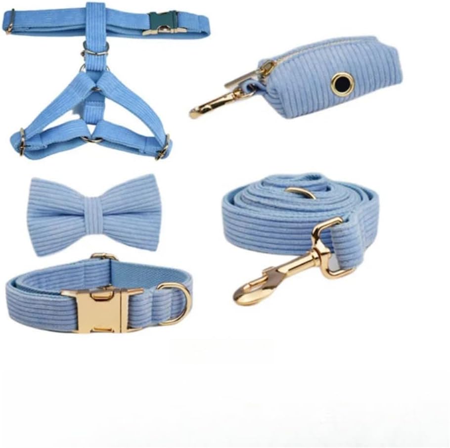 Blue Corduroy Dog Collar Leash Harness Sets for Dogs Customized Engraved Nameplate Pet Poo Bag Holder Bow Set (M,5pcs Set)