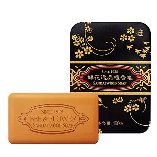 BEE & FLOWER Mens Sandalwood Soap Bar Shea Butter Enriched Bar Soaps in Metal Tin for Face and Body - 5.3 Oz (150g)