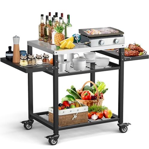 Image of 42 inch x 20 inch Three-Shelf Grill Cart, Outdoor Grill Table with Pizza Oven & BBQ Grill Stand
