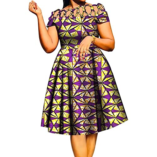 Image of XIAOHUAGUA African Dresses for Women Cotton Cutout Neck Short Sleeve Ankara Dashiki Cocktail Party A-Line Flare Dress