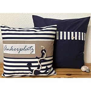 1x Maritime Kissenhülle, Kissenbezug, Landhausstil Kissen, Dekokissen Ankerplatz blau/weiß