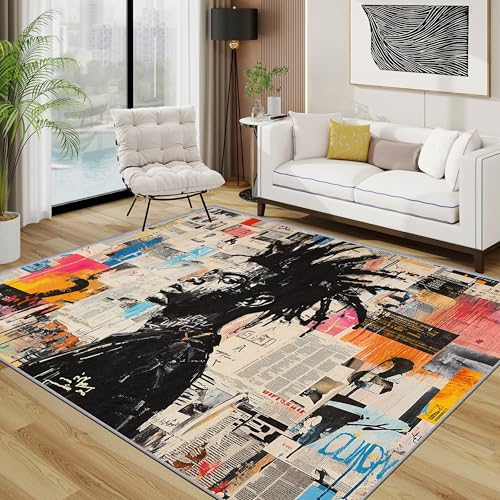 Image of TerroVee Street Art Rug - Colourful Graffiti Pop Culture Small Rugs for Bedroom 40x60, Newspaper Print Abstract Floor Mat Soft Washable Non Slip Indoor Mats, Street Art Home Decor