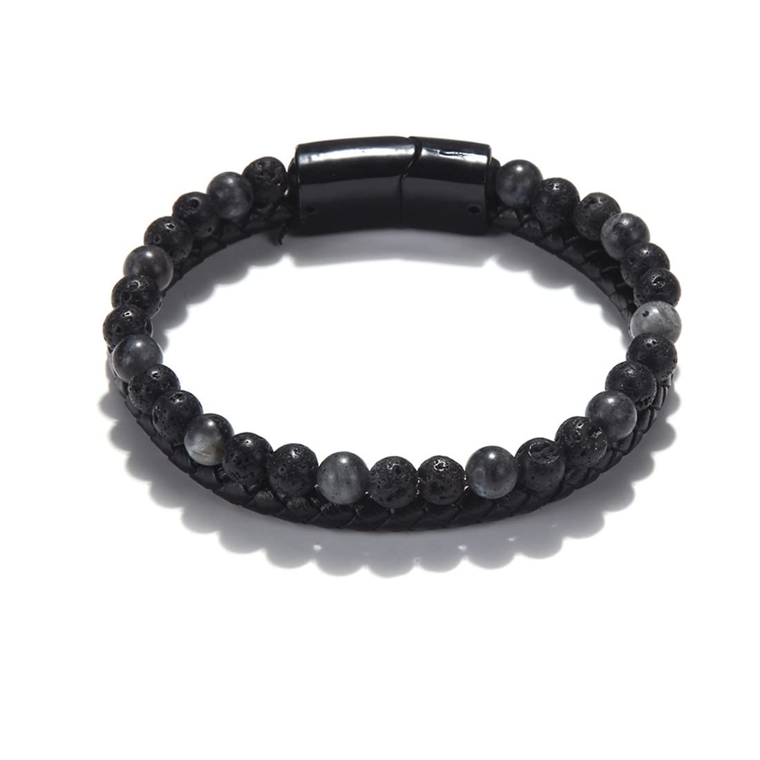 GAUEIOURHematite Bead Bracelets,Volcanic Stone Tiger Eye Leather Stainless Steel Magnetic Buckle Beaded Leather Bracelet,Tiger Eye Stone Woven Multilayer Double-Row Magnet Buckle Jewelry