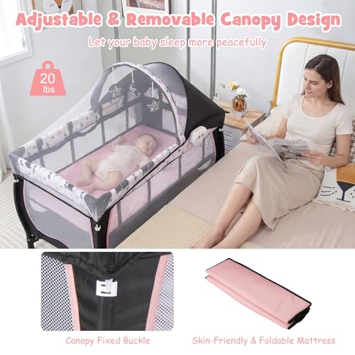 Image of BABY JOY 4 in 1 Pack and Play, Portable Baby Playard with Bassinet, Adjustable Canopy, Changing Table, Lockable Wheels, Music Box, Travel Baby Crib Bassinet from Newborn to Toddler