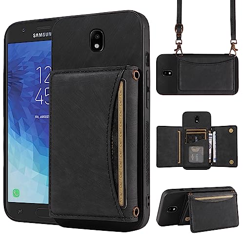 Phone Case for Samsung Galaxy J3 Orbit J 3 Star 2018 3J Achieve Wallet Cover with Crossbody Shoulder Strap and Leather Credit Card Holder Pocket Slim J3V V 3rd Gen SM J337A J337V J337 Girls Black