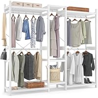 Homykic Bamboo Closet System Clothes Rack, Large Freestanding Garment Rack Clothing Rack for Hanging Clothes with 7 Storage Shelves and 5 Rods, Open Wardrobe Organizer with 4 Hooks, White