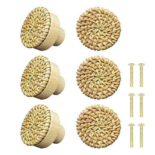 6 Pcs Pomos de Ratán para Muebles,Tiradores de Madera,estilo bohemio y decorativo,para Armarios,Cocina,Cajones,Dormitorio, Aparador Cover