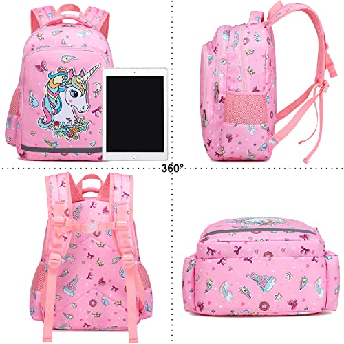 Girls Unicorn Backpack, Elementary School Kids Backpack for Girls Unicorn Bookbag Set with Chest Strap Lunch Bag and Pencil Case2