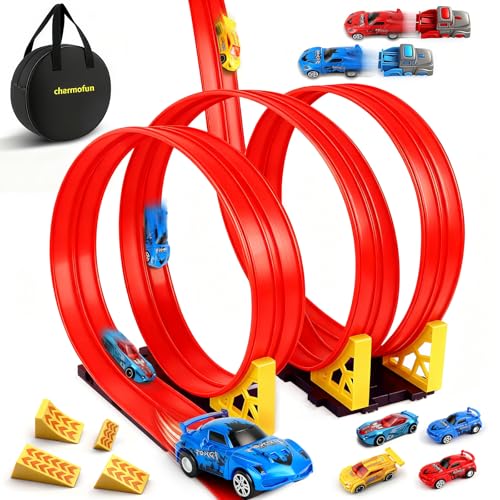 Charmofun Flexible Rennbahn Kinder 5M, Autorennbahn für Kinder mit 4 Autos, Aufbewahrungstasche, Katapult, Rennstrecke Auto Spielzeug, Portable Dual Auto Rennbahn für Jungen Mädchen ab 3 Jahren (Rot)