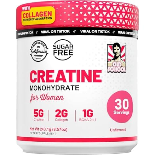 Old School Labs Creatine for Women – Post-Workout Supplement with 5000mg Creatine Monohydrate Powder, 2000mg Collagen & BCAA 2:1:1 for Strength Support & Recovery – 30 Servings