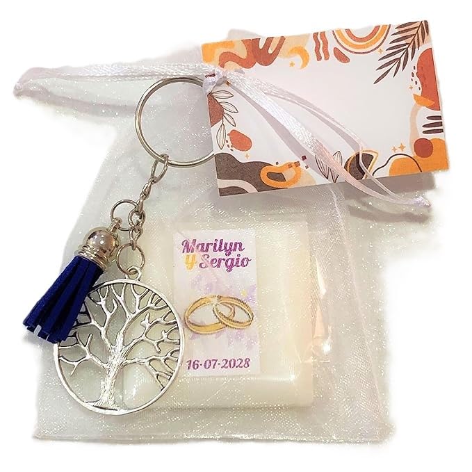 Detalles para Boda 15 Jabones Personalizados + 15 Llaveros Árbol de la Vida + 15 Borlas Colores Surtidos + 15 Bolsas de Organza + 15 Tarjetas Recuerdos, Regalos Boda Para Invitados