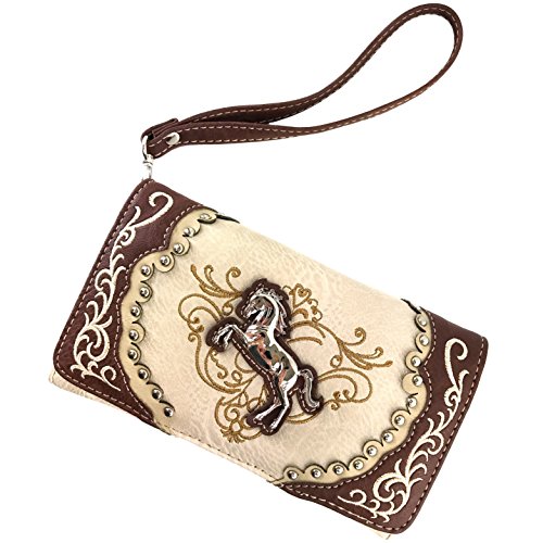 Justin West Horse Floral Embroidery Square Stud Croc Wristlet Trifold Wallet Attachable Long Strap (Beige) #TOP2